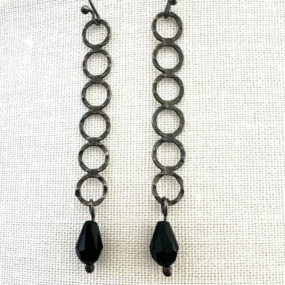 Sterling Silver Hammered Link Dangle Earrings with Black Beads